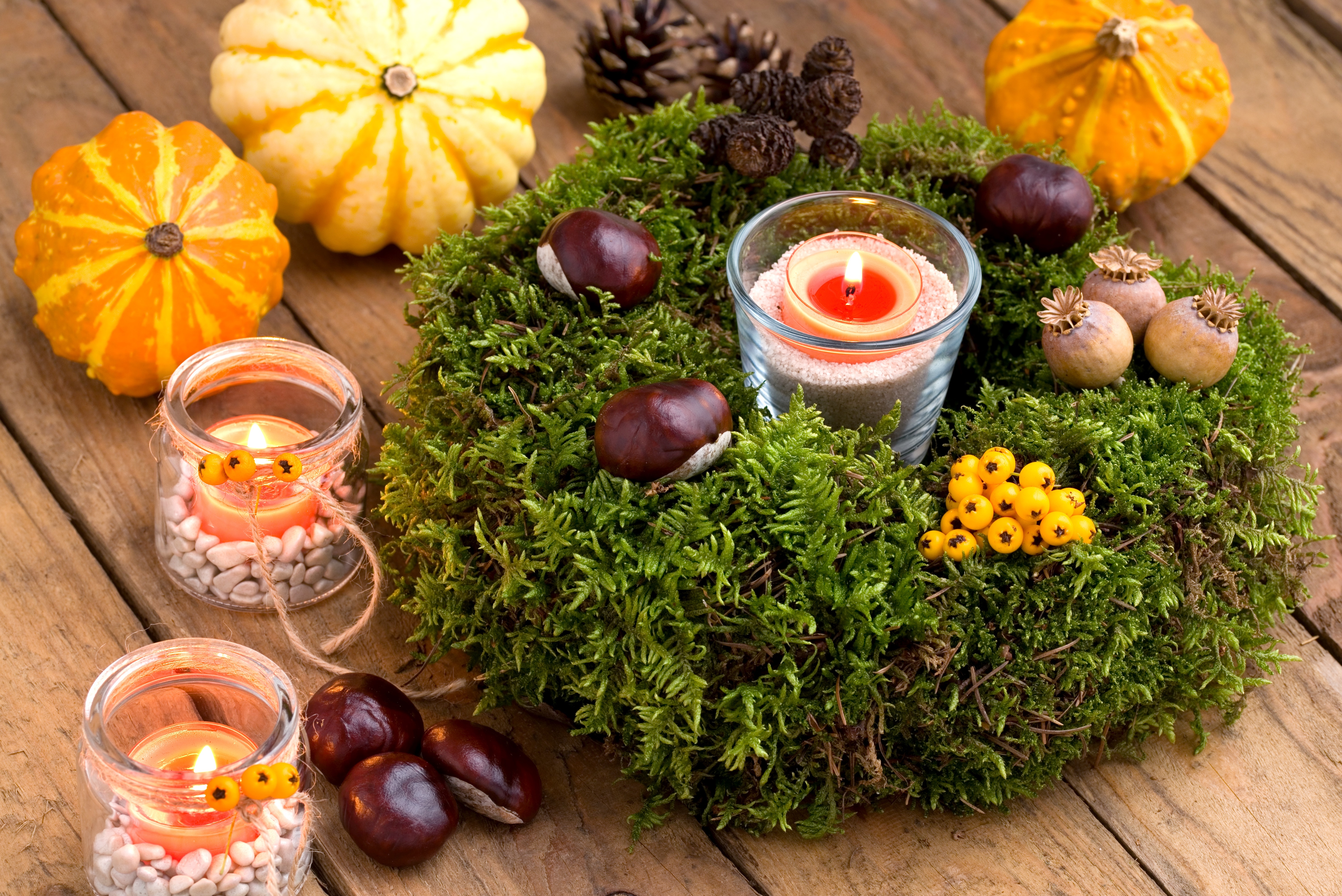 Autumnal,Decoration,-,Moss,Wreath,,Pumpkins,And,Candles Autumnal,Decoration,-,Moss,Wreath,,Pumpkins,And,Candles
