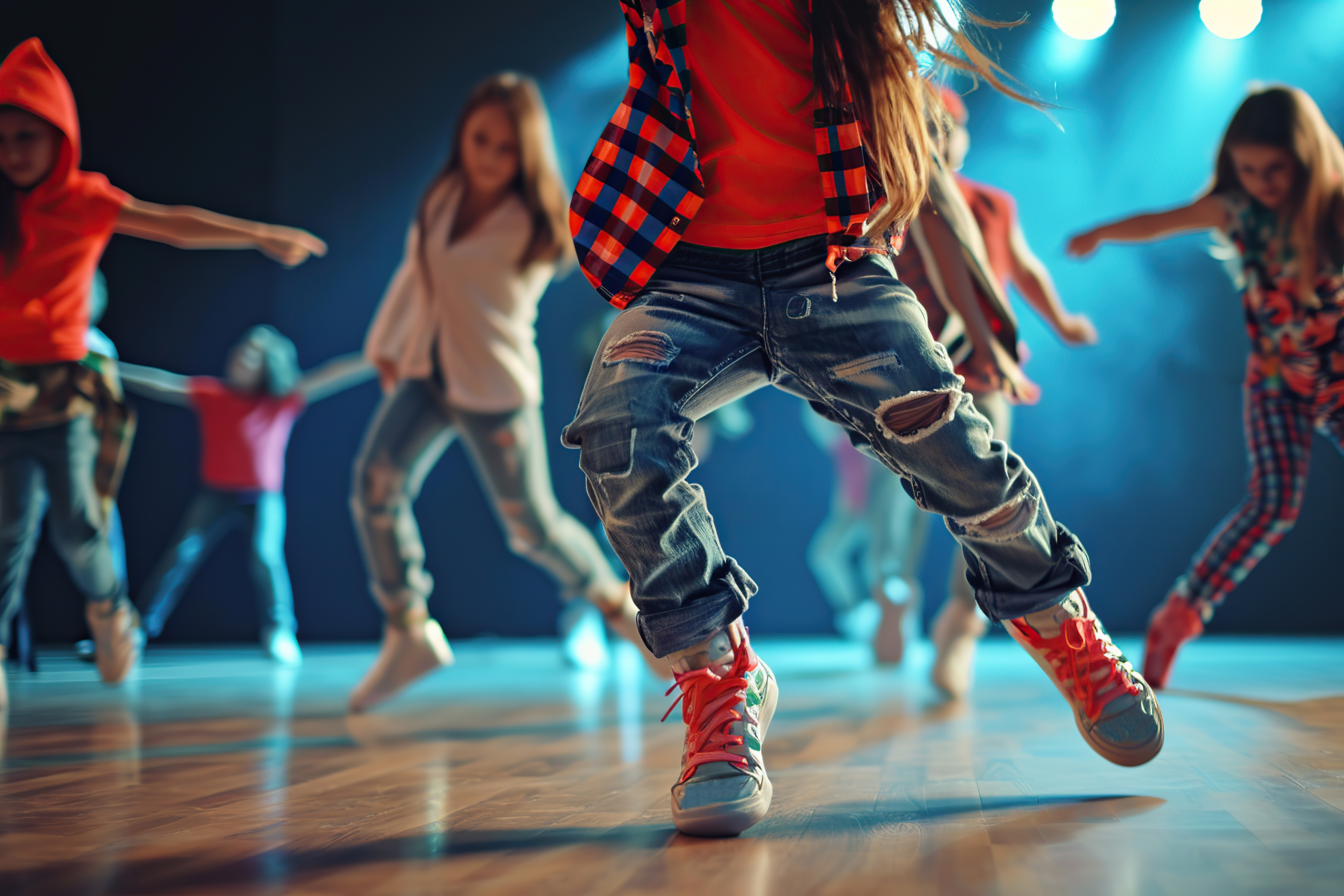 Happy children in stylish clothes dancing in choreography class Happy children in stylish clothes dancing in choreography class
