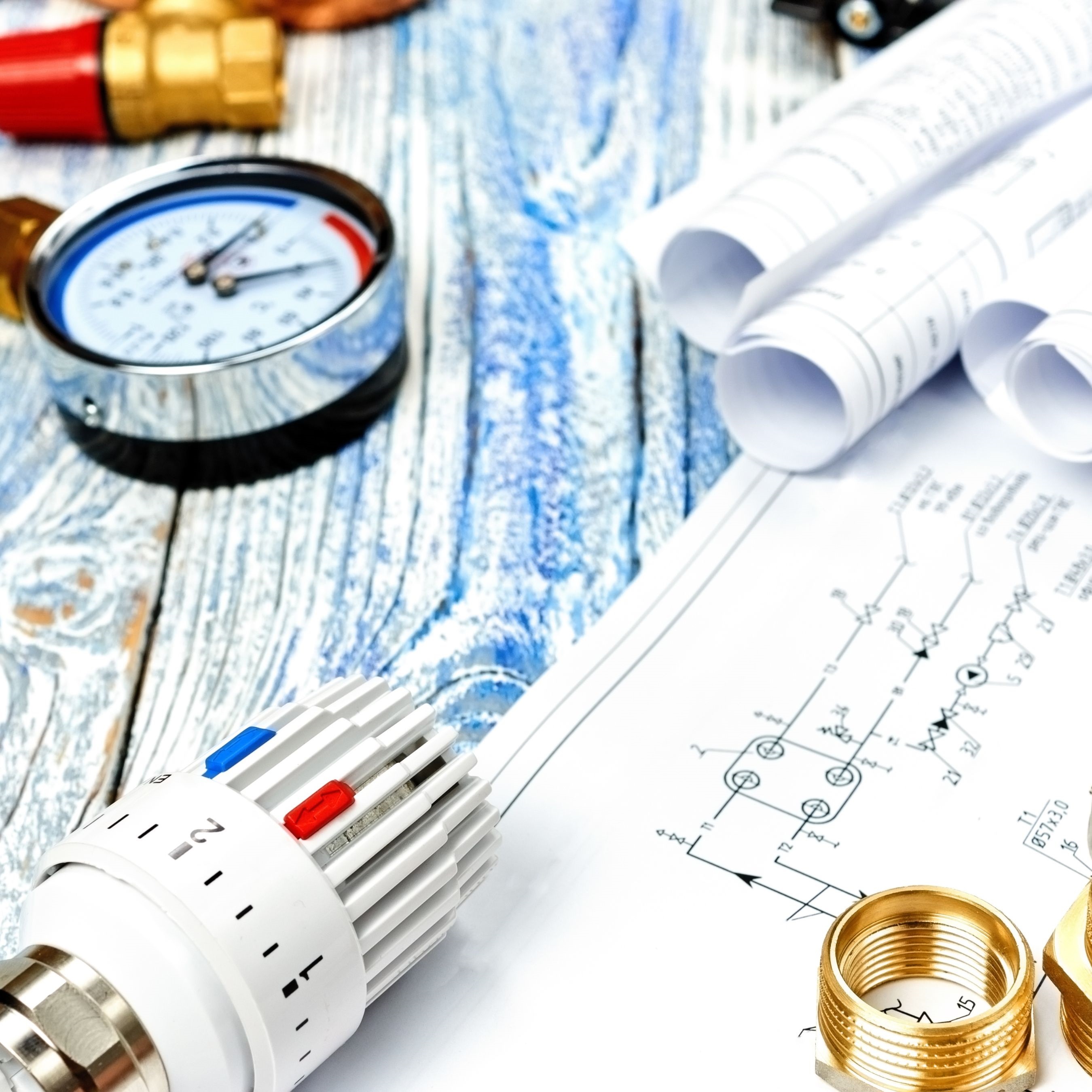 Auf einem Holztisch liegen technische Pläne, ein Thermostat, Messinstrumente und Heizungsbauteile aus Metall. Die Szene symbolisiert Wärmeplanung, Energieeffizienz und moderne Gebäudetechnik im Bereich Heizung und Klimasysteme.