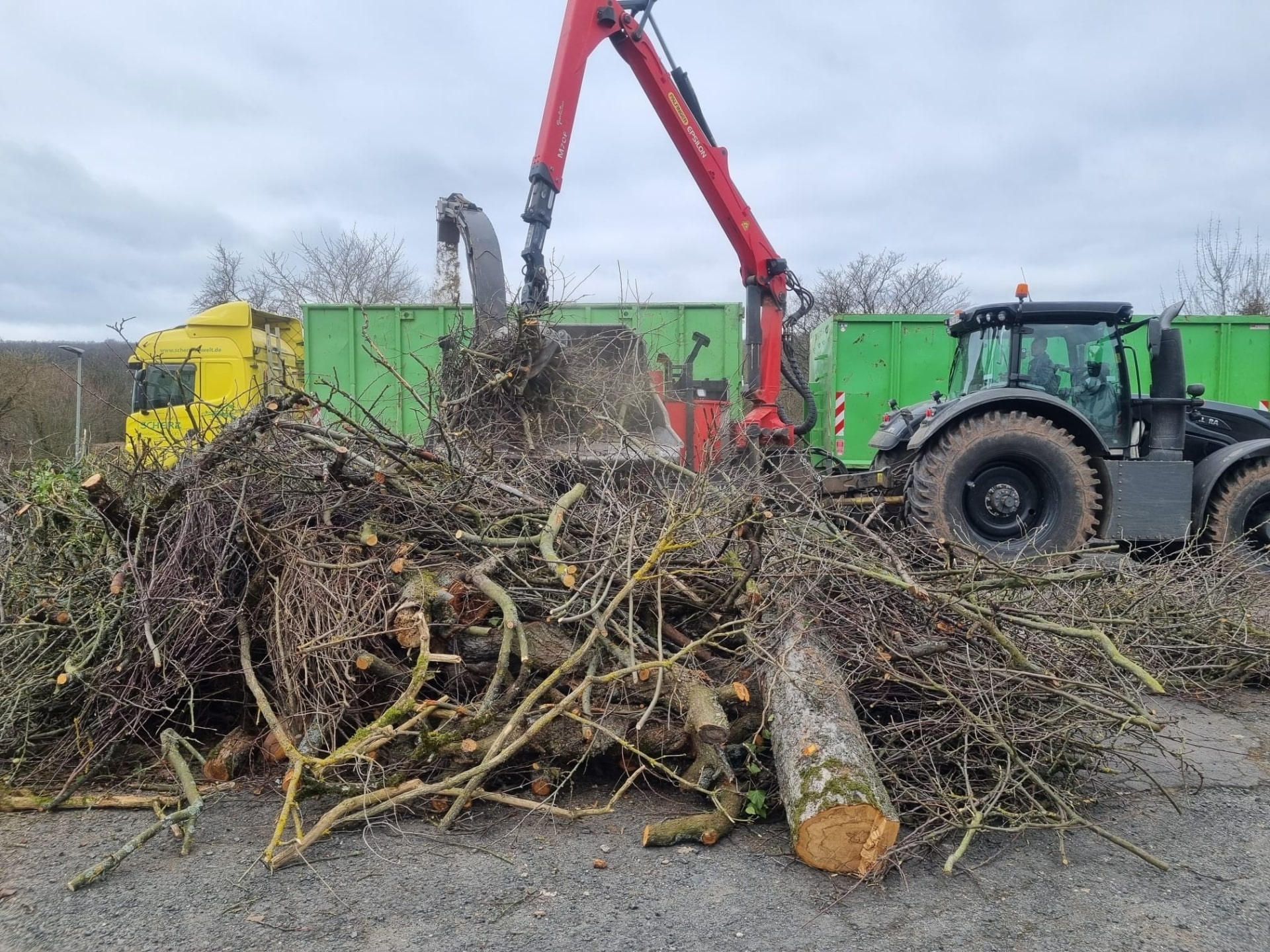 Ein Traktor mit Greifarm hebt Äste und Baumstämme in einen grünen Container. Im Vordergrund liegt Gehölz, im Hintergrund steht ein gelber Lkw. Aufgenommen bei bewölktem Himmel.