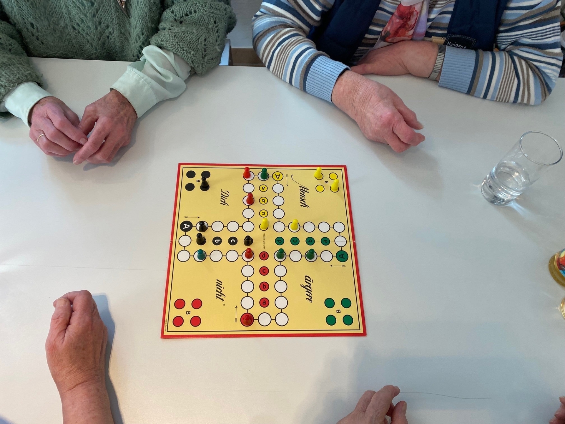 Mehrere Personen sitzen gemeinsam an einem Tisch und spielen „Mensch ärgere dich nicht“. Auf dem Spielfeld stehen bunte Figuren, Getränke stehen bereit – eine gemütliche Runde in geselliger Atmosphäre.