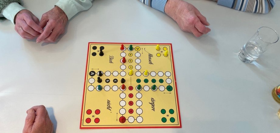 Mehrere Personen sitzen gemeinsam an einem Tisch und spielen „Mensch ärgere dich nicht“. Auf dem Spielfeld stehen bunte Figuren, Getränke stehen bereit – eine gemütliche Runde in geselliger Atmosphäre.