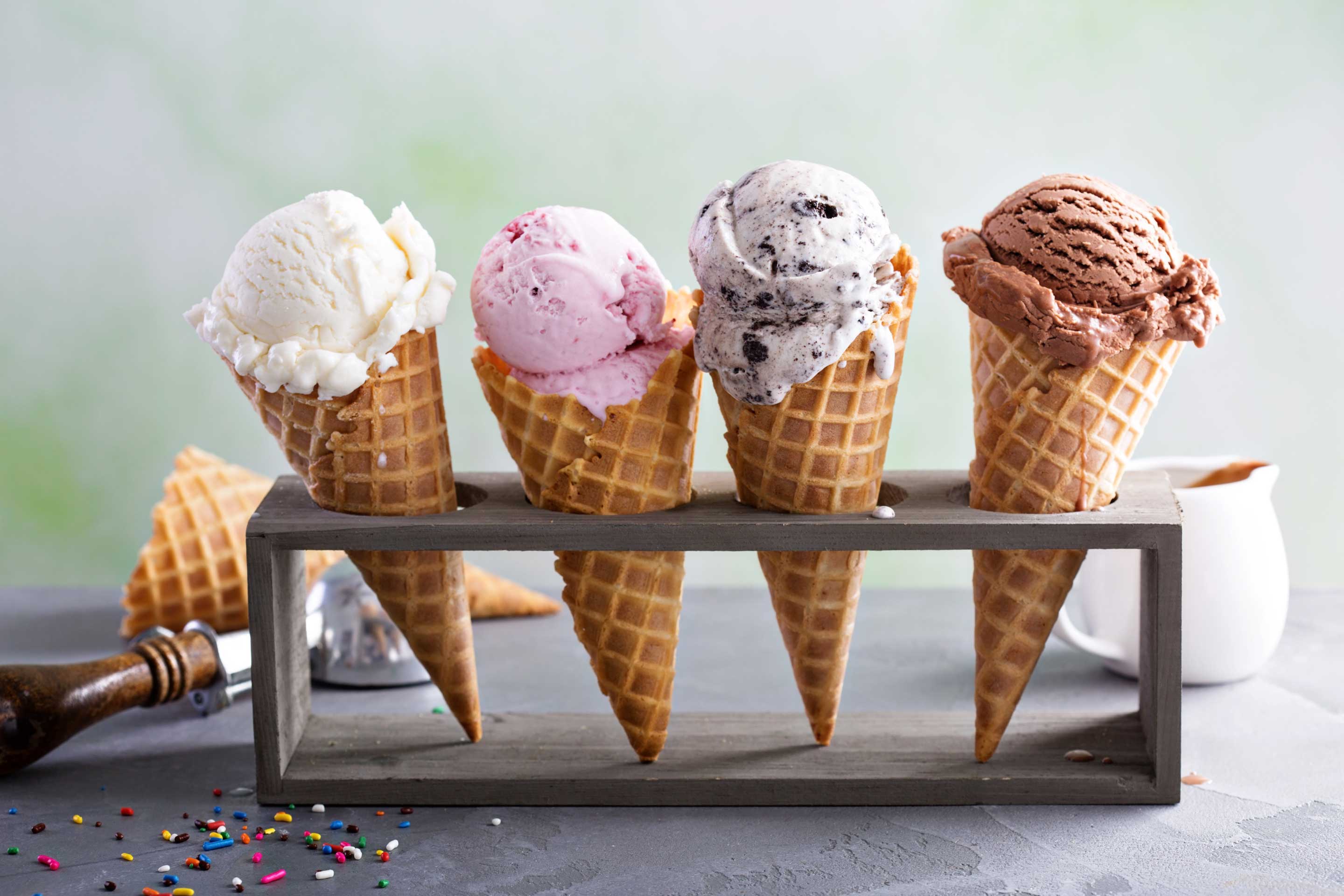 Variety,Of,Ice,Cream,Scoops,In,Cones,With,Chocolate,,Vanilla Variety,Of,Ice,Cream,Scoops,In,Cones,With,Chocolate,,Vanilla