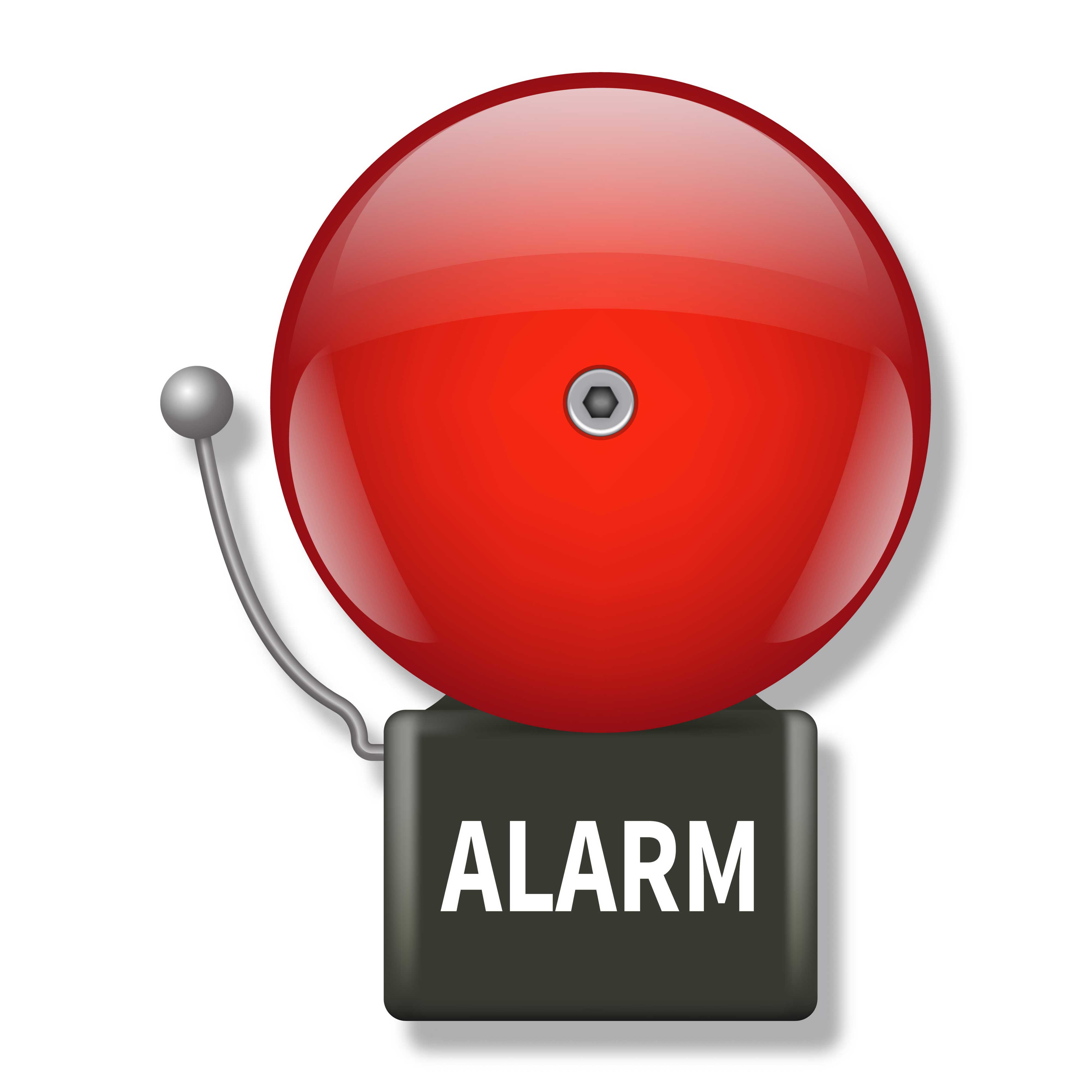 Eine rote, glänzende Alarmglocke mit einem metallischen Klöppel ist auf einem schwarzen Kasten montiert, auf dem in weißen Großbuchstaben "ALARM" steht. Das Symbol ist freigestellt auf weißem Hintergrund.