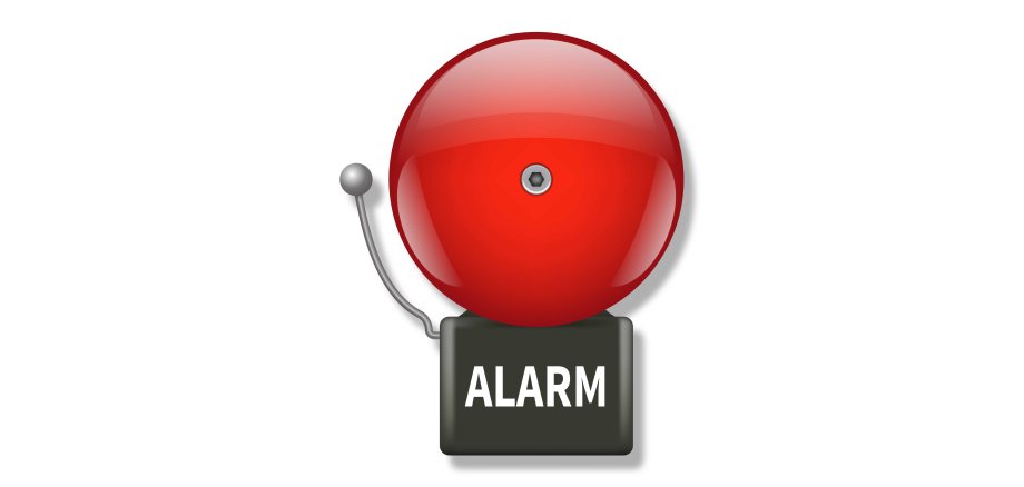 Eine rote, glänzende Alarmglocke mit einem metallischen Klöppel ist auf einem schwarzen Kasten montiert, auf dem in weißen Großbuchstaben "ALARM" steht. Das Symbol ist freigestellt auf weißem Hintergrund.