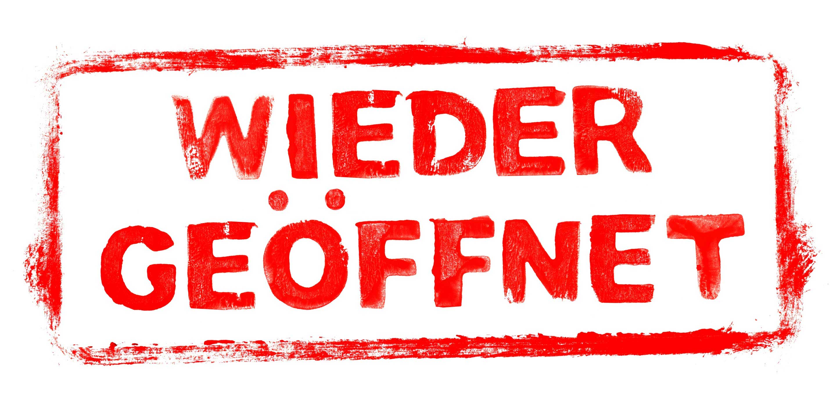 Ein roter Stempelaufdruck mit dem Text "WIEDER GEÖFFNET" in Großbuchstaben, umrahmt von einem unregelmäßigen Rechteck. Das Symbol steht freigestellt auf weißem Hintergrund.