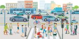 City,With,Road,Traffic,,Apartment,Buildings,And,Pedestrians,On,The